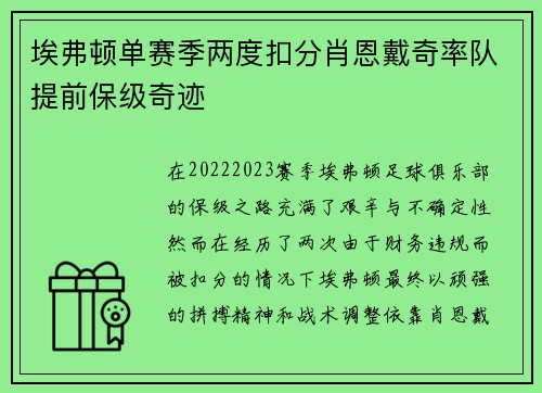 埃弗顿单赛季两度扣分肖恩戴奇率队提前保级奇迹