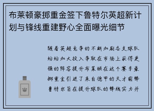 布莱顿豪掷重金签下鲁特尔英超新计划与锋线重建野心全面曝光细节