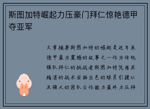 斯图加特崛起力压豪门拜仁惊艳德甲夺亚军
