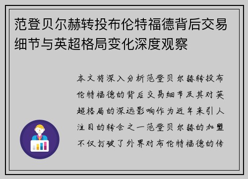 范登贝尔赫转投布伦特福德背后交易细节与英超格局变化深度观察
